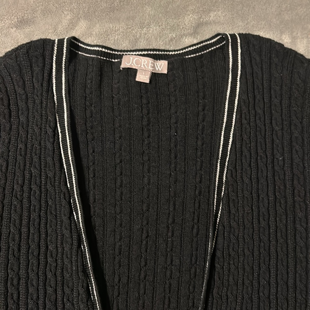 J.Crew Cropped Cable Knit Cardigan Tipped Black with h White Trim Sweater - Picture 5 of 10